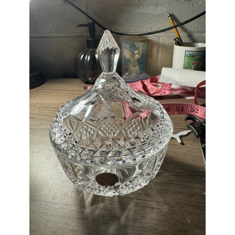 Vintage Crystal Candy Dishes Set of 2 Lidded Glass Bowls Diamond Cut Pattern